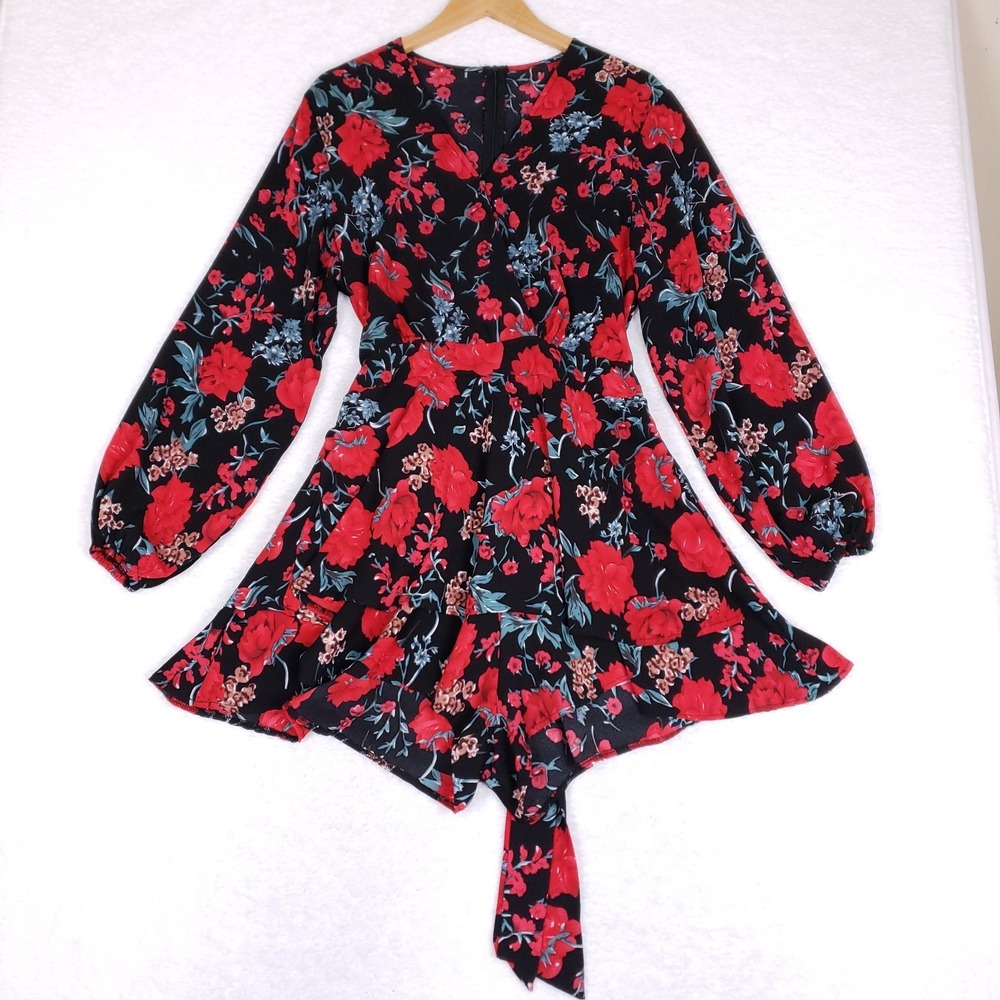 Floral Mini Romper Balloon Sleeve‎ Tie Waist XL Black Cottagecore Romantic